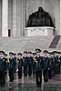 Ghengis Statue (Marching Band I) Photo: The marching band gears up to play at Sukhbataar Square on the morning of the start of the Nadaam Festival.