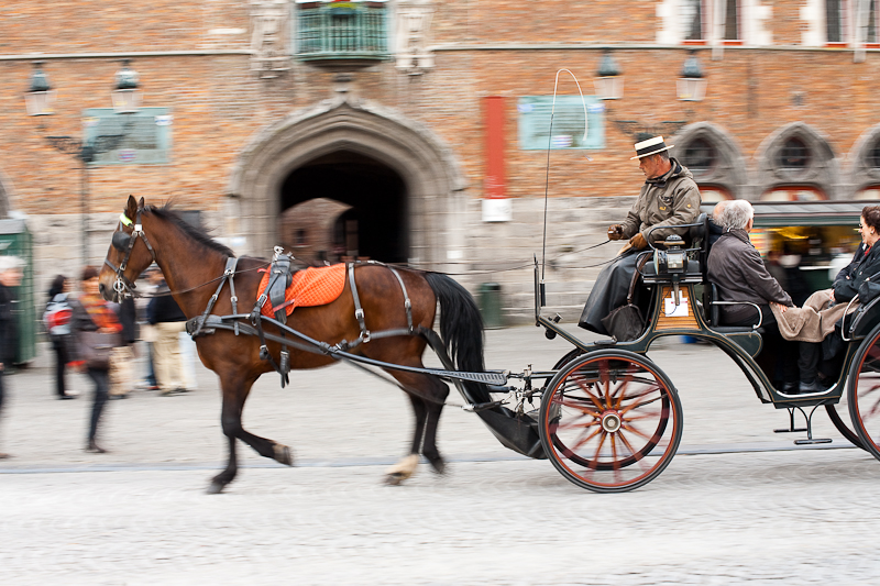 A tourist horse and buggy glide past the belfry on Grote Markt. - Brugge, Belgium - Daily Travel Photos