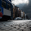 Cobblestone Streetcar Photo: The tram barrels down Volkstraat's (@Sheldestraat) cobbled street.